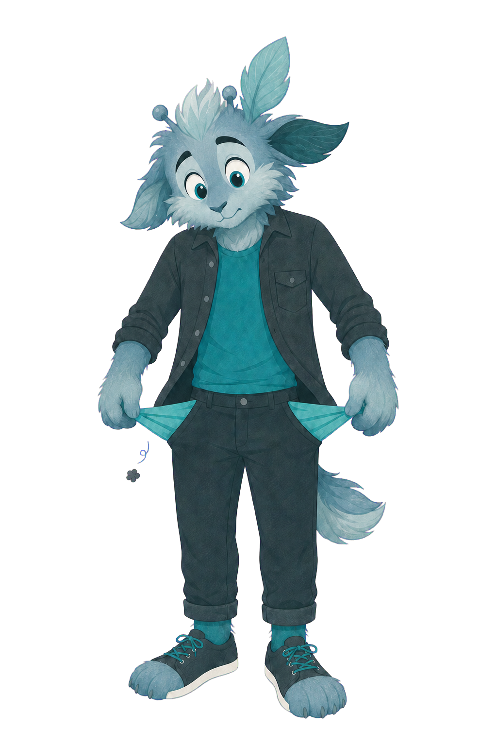A fluffy fantasy creature showing two empty pockets